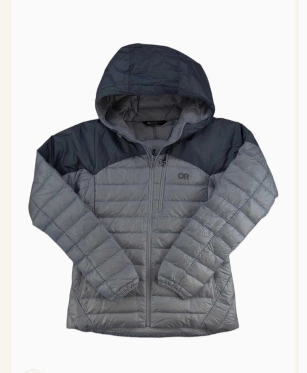 Outdoor Research Helium Down Hoodie Jacket Mens Large Pewter Black Packable EUC